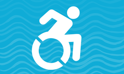 Independent Living Philosophy Icon, showing the traditional wheelchair icon in blue and white, but the use is leaning forward with the arms wound behind the back.