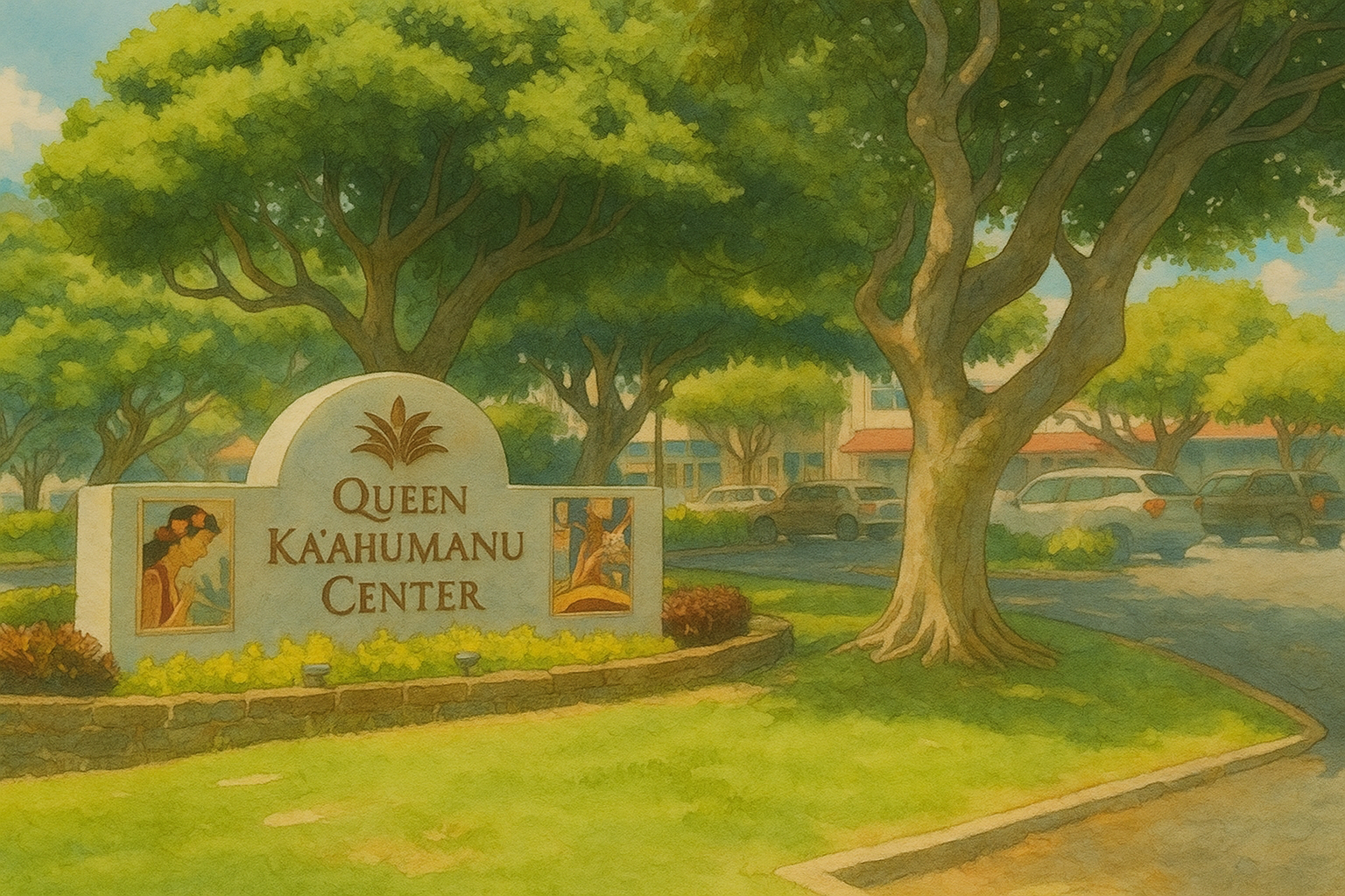 A image of the Queen Kaahumanu Center entrance and grassy area.