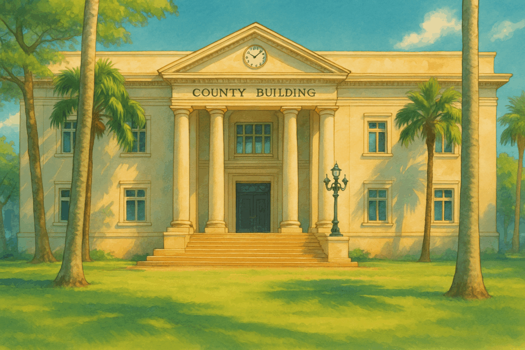 A image of the Hawaii Kauai County Building and lawn area.