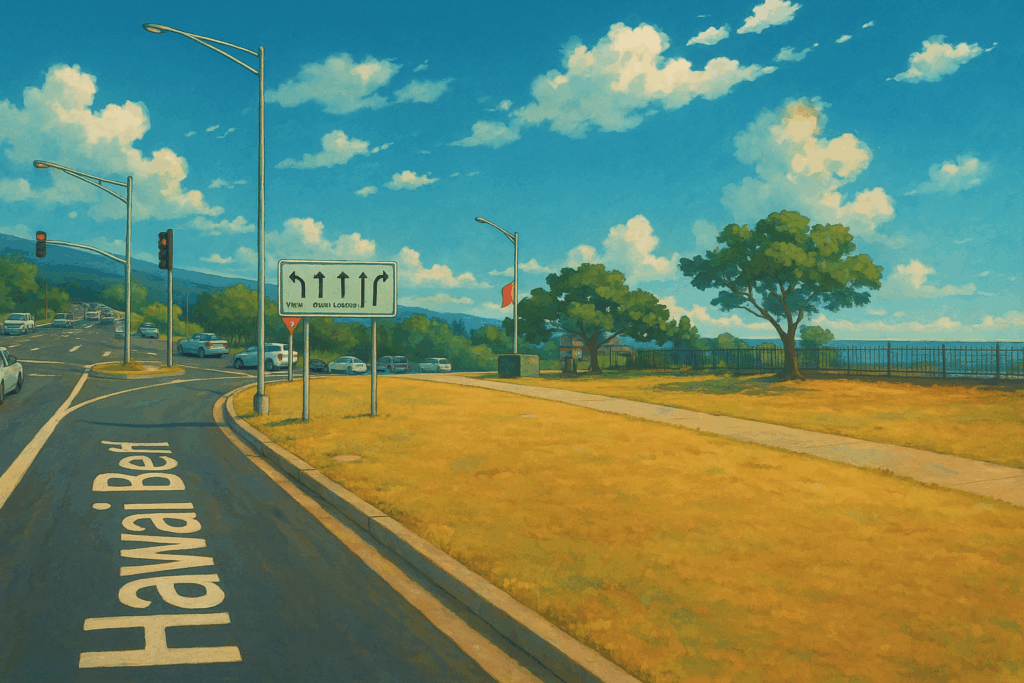 An illustration showing the grassy area next to an intersection of Belt Road and Henry Street in Kailua Kona